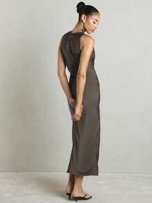 KSTM Satin Maxi Dress With Black Floral Lace Applique Neckline Sleeveless Bodycon Front Slit Evening Gown - Grey - View 6