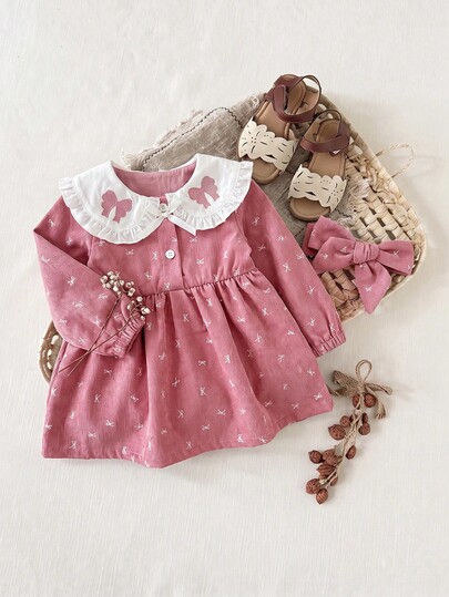 SHEIN 1 Peça Vestido de Veludo Cotelê para Menina Pequena, Elegante Rosa com Laço Bordado, Babados, Manga Longa, Gola Peter Pan, Festa de Aniversário, Outono, Volta às Aulas