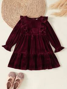 Young Girl Young Girl Solid Color Soft Knit Round Neck Ruffle Long Sleeve Waist-Cinching Dress - Burgundy - View 5