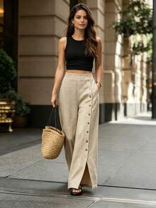 SHEIN Pantalones casuales de vacaciones con botones delanteros de unicolor - Caqui - Ver 6