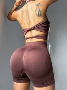 Mistrie Women's Solid Color Backless Halter Top And Shorts Sports Set - Brown - View 6