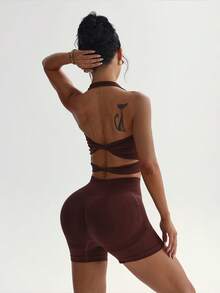 Mistrie Women's Solid Color Backless Halter Top And Shorts Sports Set - Brown - View 8