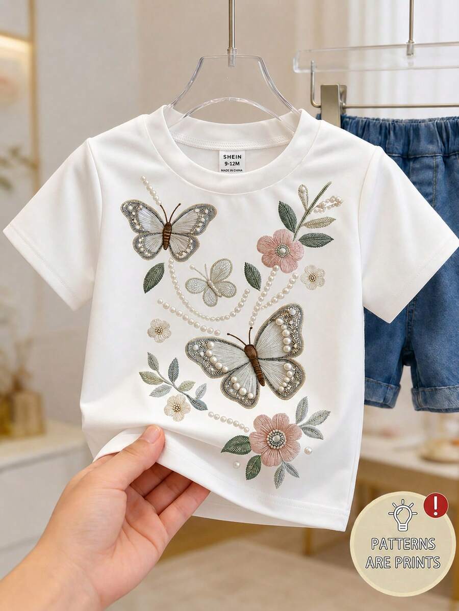 SHEIN Playful Pals 女嬰蝴蝶花卉與珍珠珠飾圖案白色夏季可愛T恤 嬰幼兒圓領短袖套頭上衣 6M-3T - 白色 - 查看 1