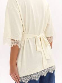 SHEIN BAE Women's Lace Patchwork Casual Versatile Daily Wear Top - Apricot - View 7