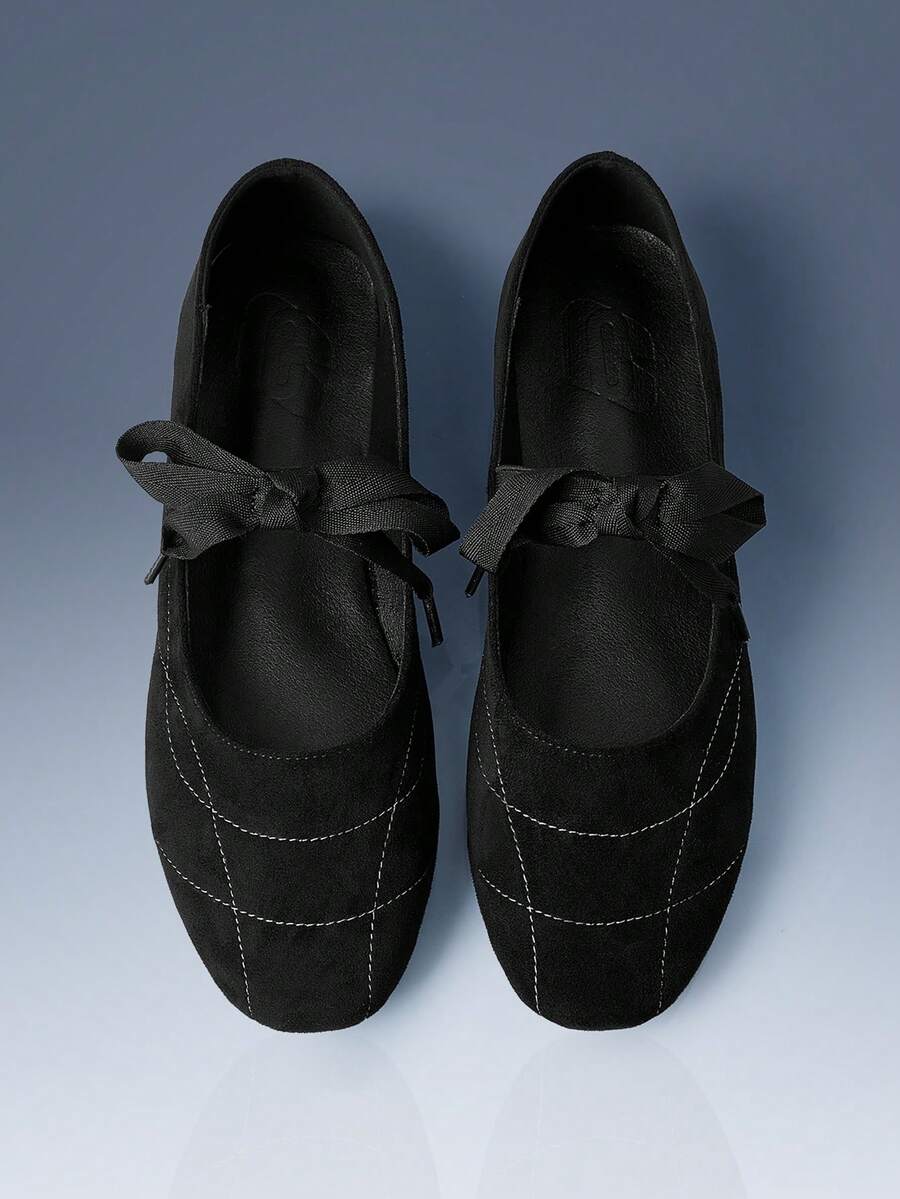 CUCCOO GRLICON Solid Color Strap Design Round Toe Flat Bottom Elegant Commuting Black Suede Women Flat Bottom Shoes Dating Afternoon Tea - Black - View 1