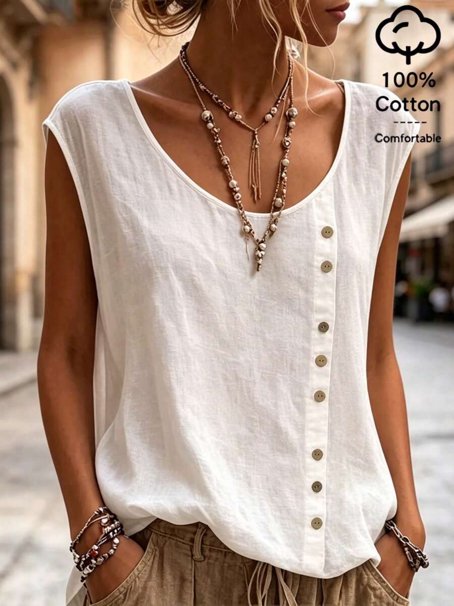 SHEIN Casual Solid Color Shirt, Versatile For Summer - White - View 1