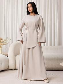 Veilorie Women's Solid Color Round Neck Long Sleeve Shirt And Skirt Casual 2-Piece Set - Grey - View 3