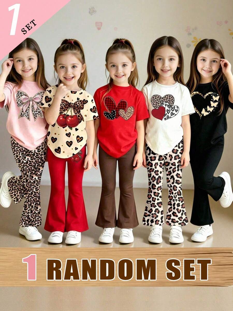 Conjunto de Caja Ciega Aleatorio, Primavera/Verano/Otoño Niñas Pequeñas Moda Casual Estampado de Leopardo, Patrón de Corazón, Cuadros, Lunares de Corazón, Mariposa de Corazón, Leopardo Brillante, Patrón de Lazo Estilo Casual Básico Camiseta Corta y Pantalones Acampanados - Multicolor - Ver 1