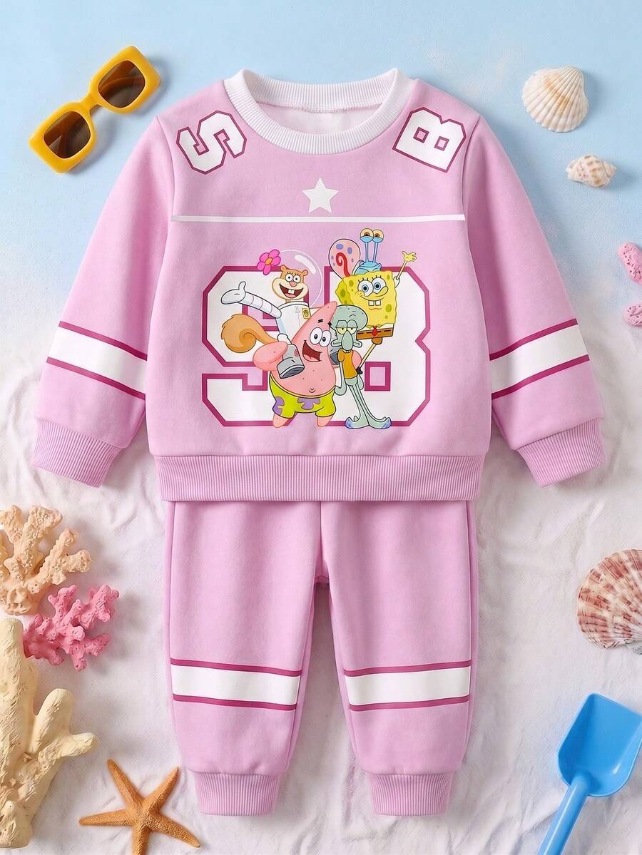 SpongeBob SquarePants | SHEIN GraphicGems 少女甜美粉色長袖運動衫與拼色條紋慢跑褲休閒套裝,適合春秋冬季 - 粉色 - 查看 1