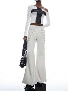 LYSMO Women's Casual Versatile Daily Wear Flare Leg Pants With Pockets And Buttons - Beige - View 6