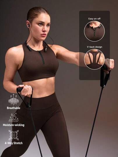 Powerista Women's Black-Brown Zipper Pullover Backless Sports Bra Fitness & Gym  Running Yoga Pitalles Indoor Outdoor Active