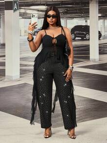 Slaydiva Celana Jeans Hitam Non-Stretch Berhiaskan Rhinestone untuk Wanita Ukuran Plus (Model Cowgirl) - Hitam - View 7