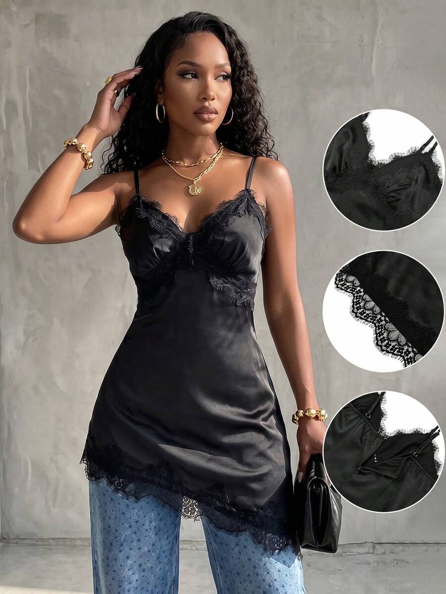 Eryvara Women's Summer Asymmetric Hollow Out Contrast Satin Lace V-Neck Camisole, Suitable For Chic Outfit For A Dinner  Vacation, Daily, Home, Date Wear