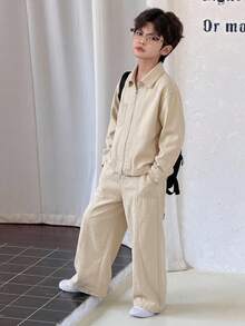 DAZY Boys (Big) Lapel Straight Loose Casual Top + Straight Leg Denim Jeans 2 Pieces Set Denim Outfit Fall - Apricot - View 5