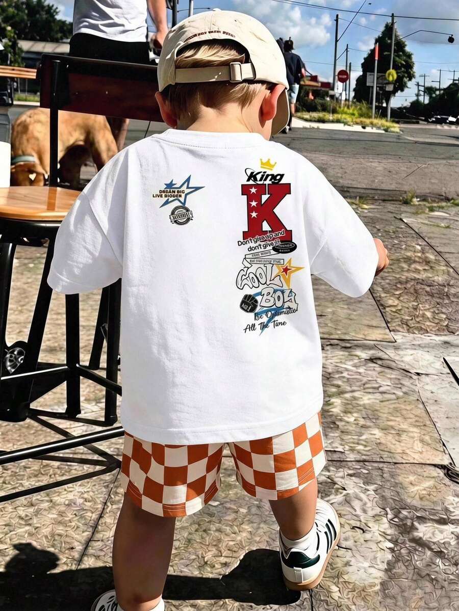 Young Boy Casual Minimalist 2pcs T-Shirt Set, Summer Street Style Cute Casual Knitted Printed Pattern T-Shirt And Checkerboard Long Pants Set, Red Set, Street Style Set, Toddler Set, Cute Set - Multicolor - View 1