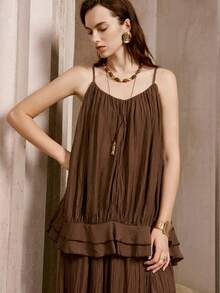 Arave Women's Solid Color Ruffle Hem Camisole And Skirt 2 Pieces Set Vacation Dark Brown Summer Minimalist Earthy - Brown - View 2