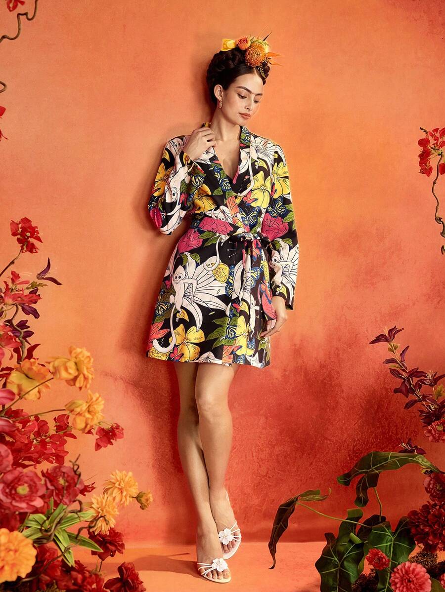 Glamance Frida Kahlo X SHEIN 花卉與動物印花繫腰晨袍,優雅成熟休閒性感套裝,適合辦公室、日常穿著、派對、生日、度假、中東旅行、海灘、泳裝、波希米亞風、亡靈節、萬聖節、開學季、日、瓜達露佩聖母節、夏季 - 黑色 - 查看 1