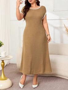 Lacomfia Plus Size Women's Colorblock Round Neck Short Sleeve Faux Cashmere Knit Dress - Camel - View 6