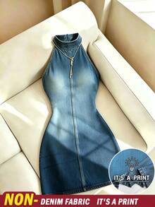 Resyla Gaun Wanita Modis Serbaguna dengan Motif Denim dan Leher Halter - MultiWarna - View 1