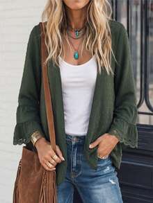 SHEIN LUNE Jaket dengan Lengan Jacquard Pom Pom 3D, Patchwork Ruffle, dan Manset Berenda, Cocok untuk Pemakaian Sehari-hari, Liburan, Kasual, Perjalanan, dan Kencan. - Dark Green - View 1