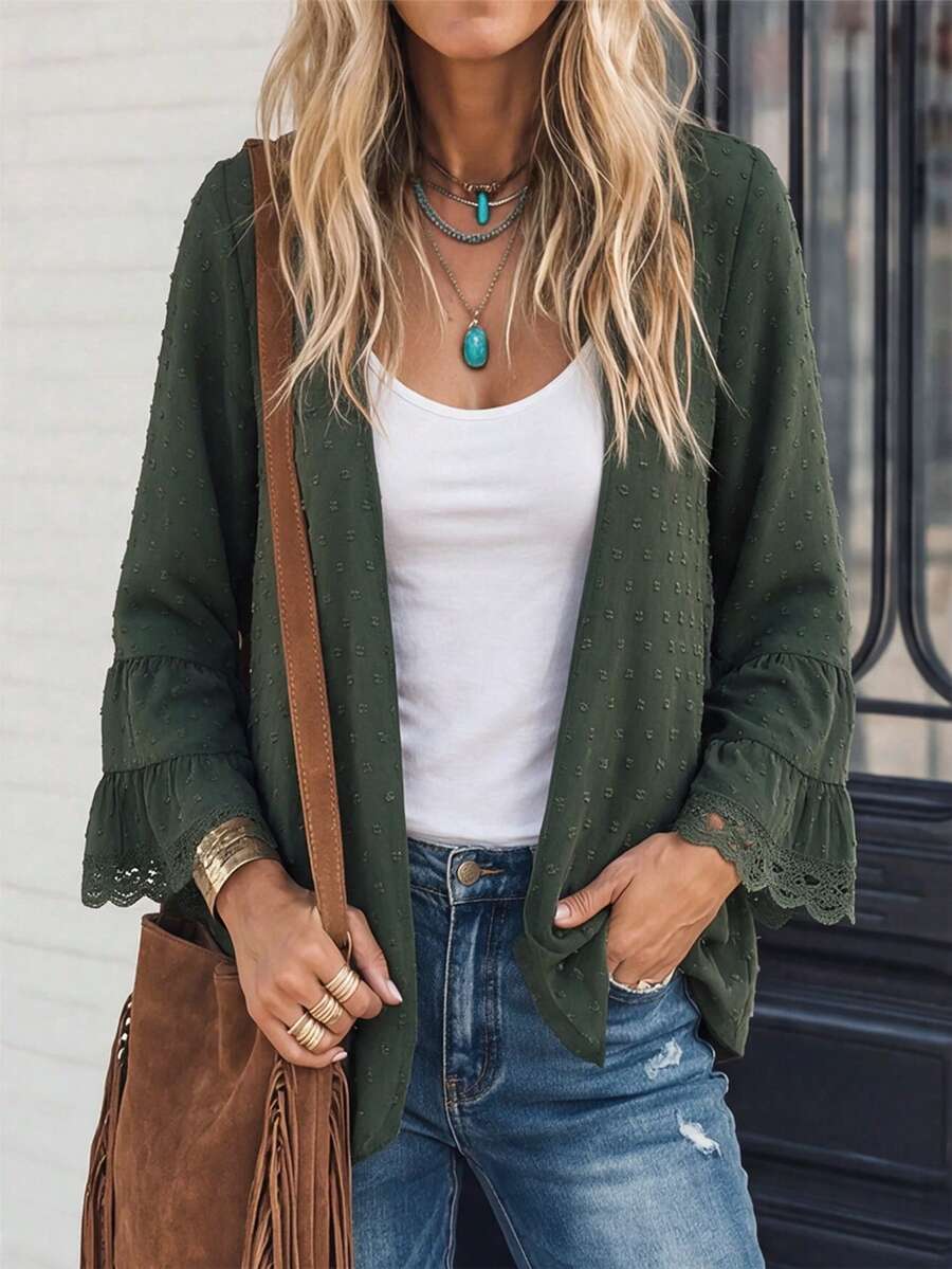 SHEIN LUNE Jaket dengan Lengan Jacquard Pom Pom 3D, Patchwork Ruffle, dan Manset Berenda, Cocok untuk Pemakaian Sehari-hari, Liburan, Kasual, Perjalanan, dan Kencan. - Dark Green - View 1