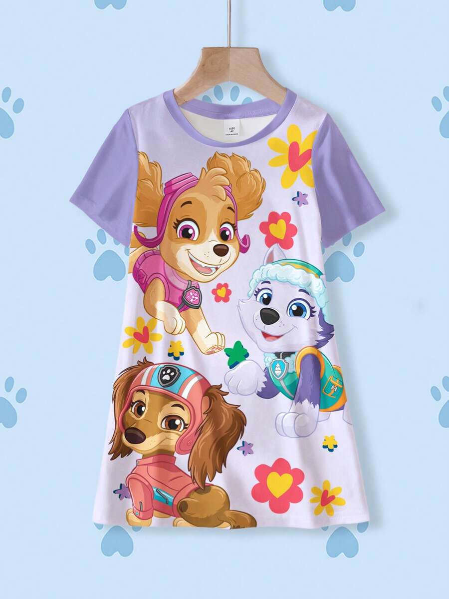 SHEIN | PAW Patrol 女童夏季休闲狗狗印花圆领短袖连衣裙 - 白色 - 查看 1