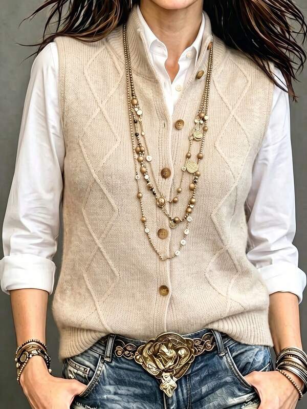 Trelyra Casual Loose Fit Stand Collar Sleeveless Knitted Argyle Pattern Button Design Apricot Women's Spring Autumn Sweater Vest
