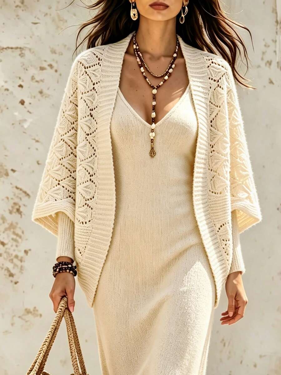 SHEIN Women's All-Match Minimalist Fashion Versatile Commute Batwing Sleeve Elegant Knit Cardigan - Camel - View 1