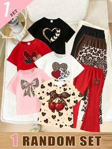 Conjunto de Caja Ciega Aleatorio, Primavera/Verano/Otoño Niñas Pequeñas Moda Casual Estampado de Leopardo, Patrón de Corazón, Cuadros, Lunares de Corazón, Mariposa de Corazón, Leopardo Brillante, Patrón de Lazo Estilo Casual Básico Camiseta Corta y Pantalones Acampanados - Multicolor - Ver 3