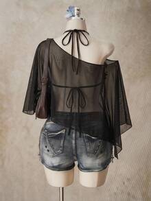 SHEIN ICON 大尺碼女款萬聖節骷髏印花網紗上衣 - 彩色 - 查看 2