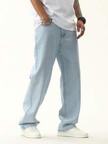 Manfinity Homme Men's Plus Size Light Wash Blue Denim Jeans Casual Versatile Long Pants - Light Wash - View 3