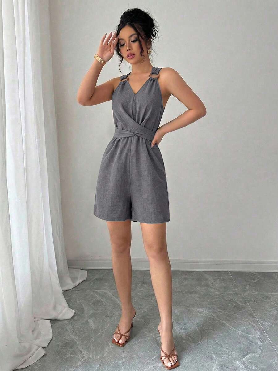 Selianne Women's Spring/Summer Elegant Blue V-Neck Small Circle Buckle Decor Bow Tie Design Sleeveless Fitted Slim Jumpsuit - Light Grey - View 1