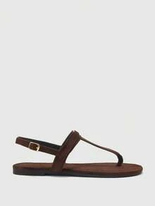 CUCCOO BIZCHIC American Retro Style Brown Frosted Leather Flat Sandals, Metal Buckle Embellished T-Strap Rear Tripple Toe Sandals, Daily Commuting Versatile Models - Brown - View 2