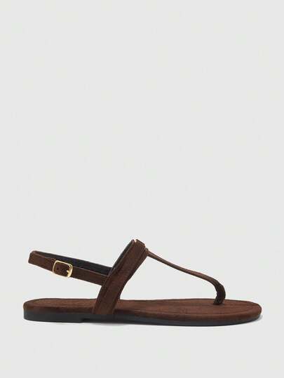 CUCCOO BIZCHIC American Retro Style Brown Frosted Leather Flat Sandals, Metal Buckle Embellished T-Strap Rear Tripple Toe Sandals, Daily Commuting Versatile Models