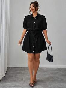 Elenzga Plus Size Women Elegant Comfortable Loose Deep Blue Non-Stretch Denim Dress - Black - View 7