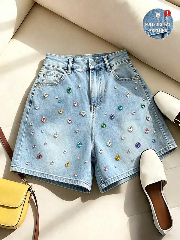 SHEIN Franclia Stylish Versatile Blue Diamond Print Women's Shorts, Summer Shorts,Early Autumn,All-Season Outfit Clothes,School,Rave ,Y2k,Shiny Pants,Casual Outfit