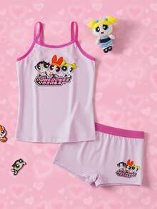 THE POWERPUFF GIRLS X SHEIN 2pcs/Set Pakaian Dalam Anak Perempuan Remaja 8-12 Tahun, Model Camisole & Boxer Briefs, Motif Kartun Lucu - Berwarna merah muda - View 1