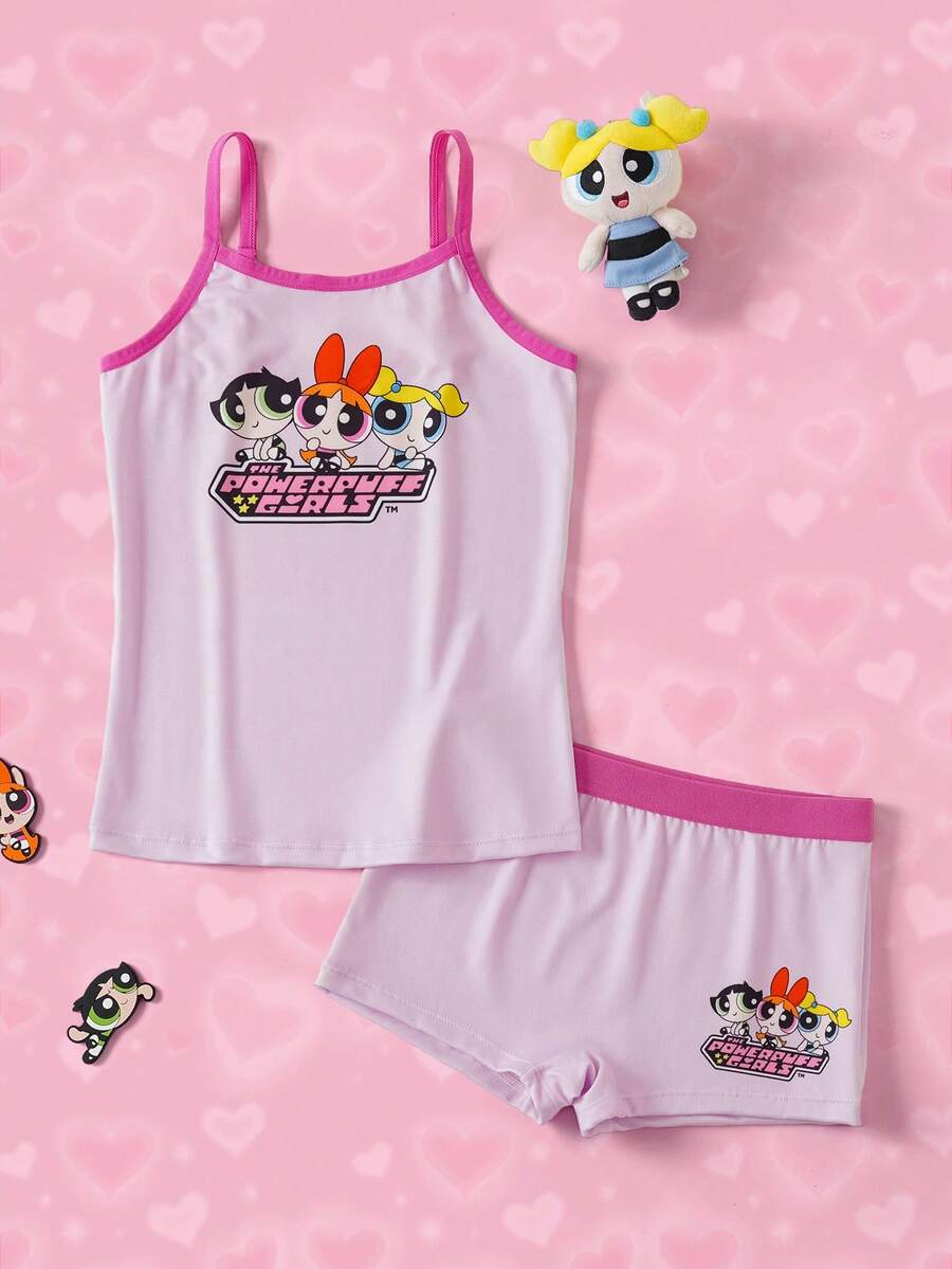 THE POWERPUFF GIRLS X SHEIN 2pcs/Set Pakaian Dalam Anak Perempuan Remaja 8-12 Tahun, Model Camisole & Boxer Briefs, Motif Kartun Lucu - Berwarna merah muda - View 1
