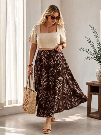 Ceyna Rok Panjang Wanita Ukuran Besar, Pinggang Sedang-Tinggi, Lipatan Depan Belakang, Pinggang Elastis, Saku yang Dapat Diatur, Potongan A-Line Besar, Warna Polos Cokelat Kopi. Gaya Prancis Elegan Vintage Formal untuk Kantor, Perjalanan Santai, Pantai, Liburan, Gaya Jalanan, Pesta Teh Sore, Santai di Rumah, Nyaman, Gaya Bohemian, Musim Semi, Musim Panas, Musim Gugur, Rok Baru.