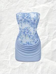 SHEIN 女士优雅3D立体花卉拼接迷你抹胸连衣裙，蓝色 - 藍色 - 查看 6