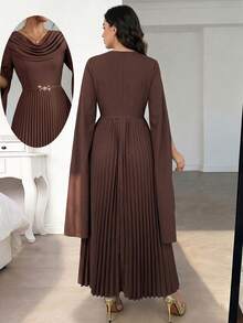 Modelyn Women's Solid Color Metal Decor Ruched Waist Long Sleeve Side Slit Deep Brown Dress, Elegant For Parties And Various Occasions - Dark Brown - View 3