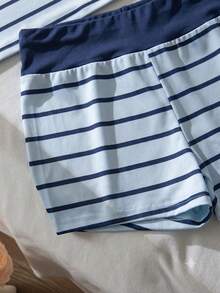 SHEIN 青少年女孩粉色與棕色條紋針織套裝，夏季吊帶上衣與短褲，休閒運動兩件式大童女裝 - 藍色 - 查看 4