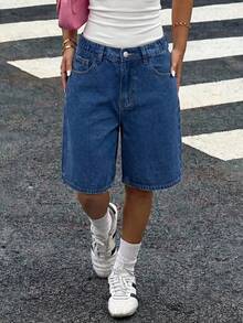 Teen Girl Loose Fit Bermuda Denim Shorts With Pockets - Dark Wash - View 3