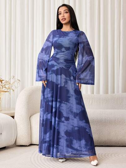 Veilorie Women's Tie-Dye Pleated Elegant Waist-Cinching Party Arabian Dress
