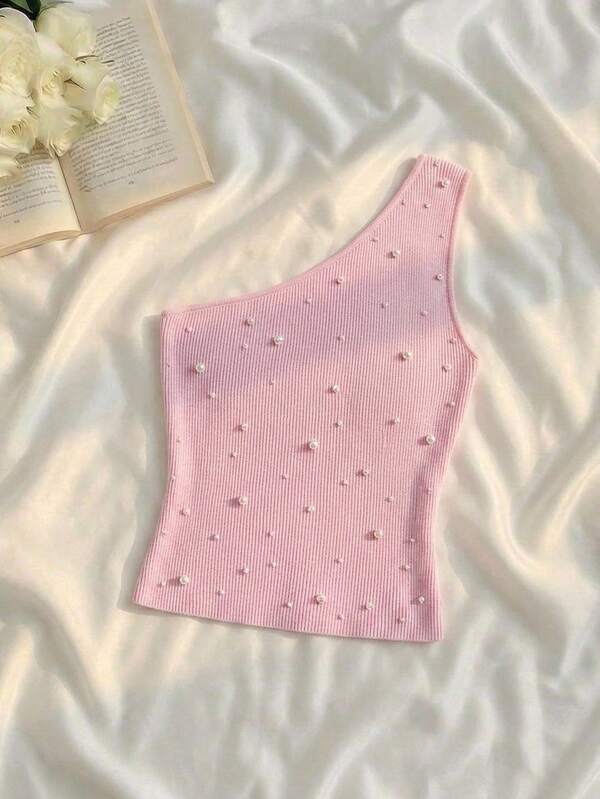 SHEIN MOD Women's Beaded Decor One-Shoulder Knit Top