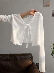 Resyla French Style Camisole Dress Layering Ruffle Trim Long Sleeve T-Shirt Cover Up Knit Cover-Up Women's Summer Sun Protection Plus Size Shirt - White - View 1