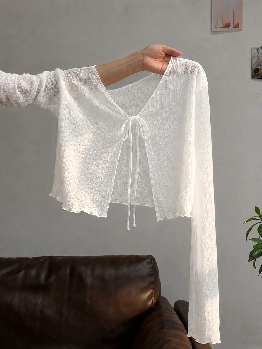 Resyla French Style Camisole Dress Layering Ruffle Trim Long Sleeve T-Shirt Cover Up Knit Cover-Up Women's Summer Sun Protection Plus Size Shirt - White - View 1