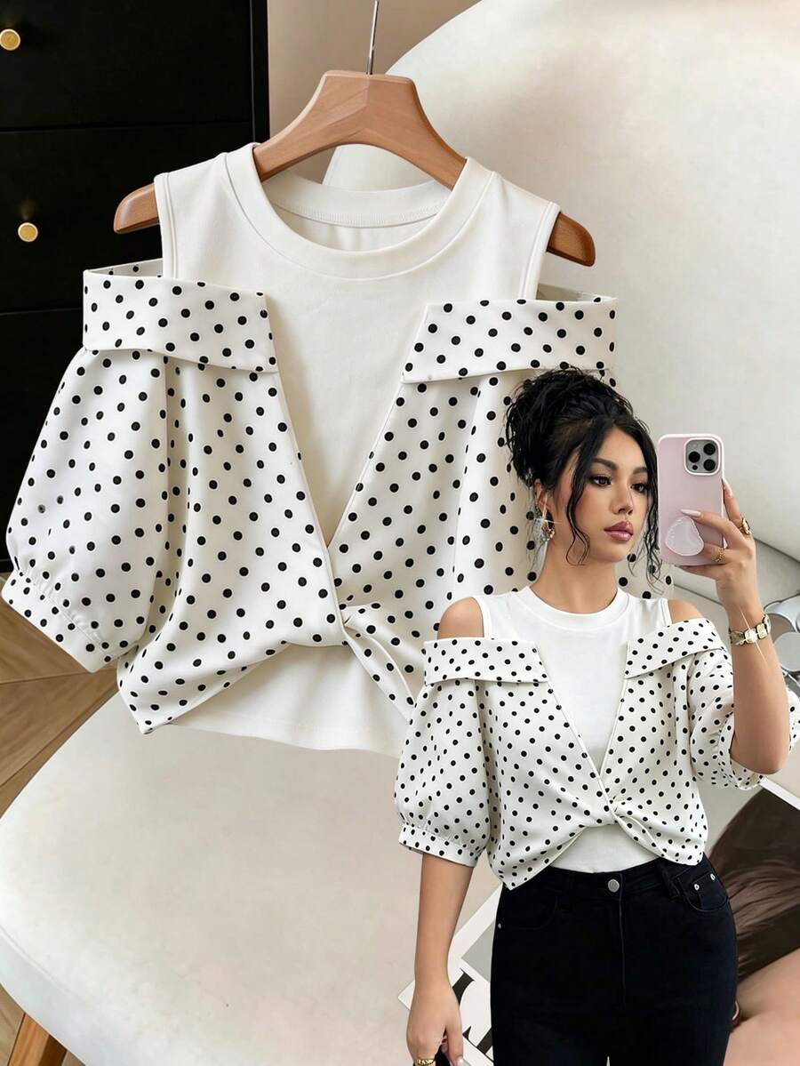 SHEIN Clasi Women's Plus Size White Cold Shoulder Twist Front Blouse, Suitable For Daily Wear And Office Morning Date Night Summer Casual Elegant - White - View 1