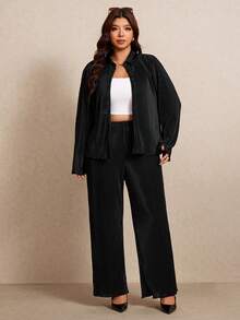 Elaquor Plus Size Women's Solid Color Long Sleeve Shirt And Wide Leg Pants Casual 2 Pieces Set Fall - Black - View 3