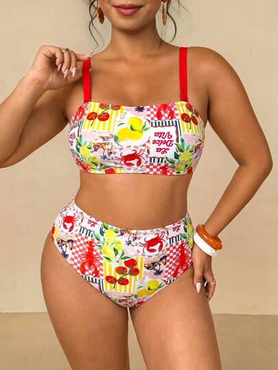 Travachic Women's Plus Size Bandeau Top With Ocean Print Pattern, Exposed Waist Triangle Bikini Bottoms, Beachwear, Spring/Summer Vacation Outfit, Swimwear
